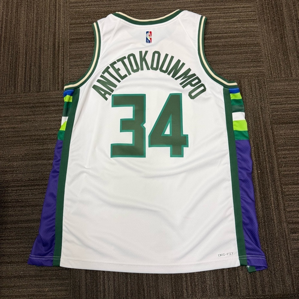 Nike White Basketball Jersey with Green and Purple Bucks Dri Fit - Picture 6 of 7